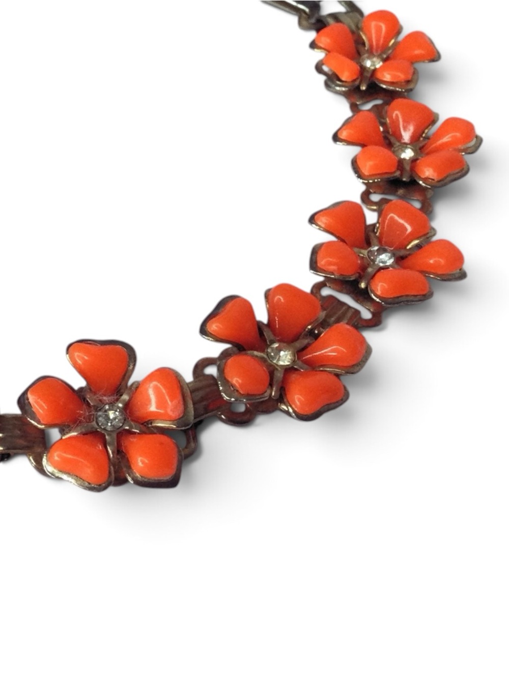 Vintage Orange Thermoset & Rhinestone Brass-Tone Floral Statement Necklace - Picture 11 of 14
